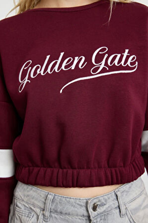 Relaxed Bisiklet Yaka Düşük Kol Crop Kalın Polarlı Rahat Kesim Slogan Nakışlı Örme Sweatshirt