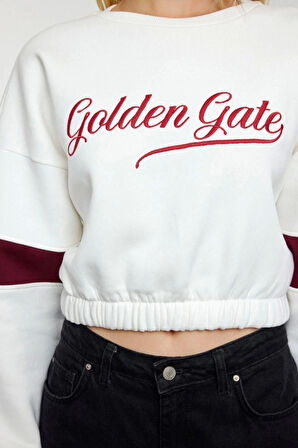 Relaxed Bisiklet Yaka Düşük Kol Crop Kalın Polarlı Rahat Kesim Slogan Nakışlı Örme Sweatshirt