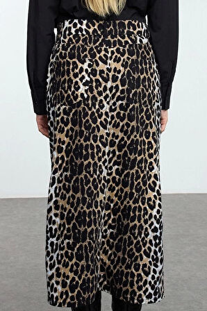Modern Tarz Astarsız Dokuma Maxi Boy Animal Leopar Desenli Önden Yırtmaçlı Maxi Boy Dokuma Etek