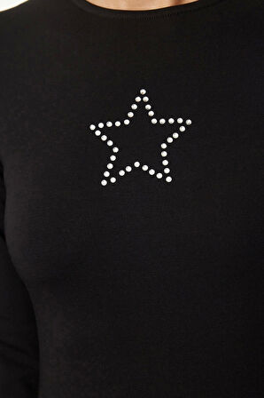 Stil Kadın Yıldız Taş Baskılı Fitted Vücuda Oturan Bluz Regular Örme Slim Kalıp