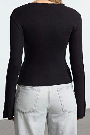 Stil Kadın Nervür Detaylı Fitted Vücuda Oturan Bluz Regular Örme Slim Kalıp İspanyol Kol