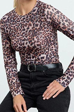 Stil Kadın Leopar Fitted Vücuda Oturan Büzgü Drape Detaylı Bluz Regular Örme Slim Kalıp