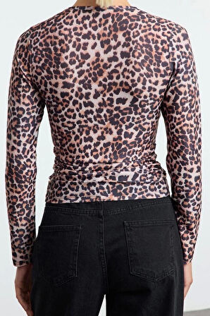 Stil Kadın Leopar Fitted Vücuda Oturan Büzgü Drape Detaylı Bluz Regular Örme Slim Kalıp