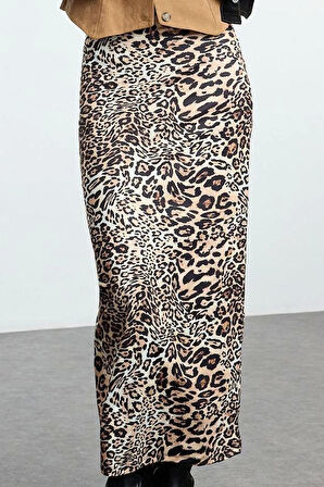 Modern Tarz Astarsız Örme Maxi Boy Kahverengi Leopar Animal Baskılı Beli Lastikli Maxi Kalem Etek