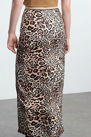 Modern Tarz Astarsız Örme Maxi Boy Kahverengi Leopar Animal Baskılı Beli Lastikli Maxi Kalem Etek