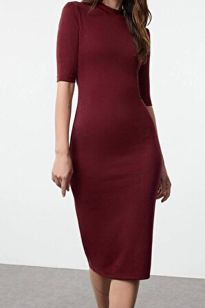 Moda Stil Slim Dik Yaka Midi Boy Bodycone Vücuda Oturan Truvakar Kol Örme Elbise