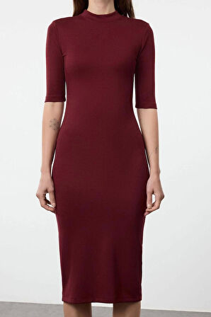 Moda Stil Slim Dik Yaka Midi Boy Bodycone Vücuda Oturan Truvakar Kol Örme Elbise