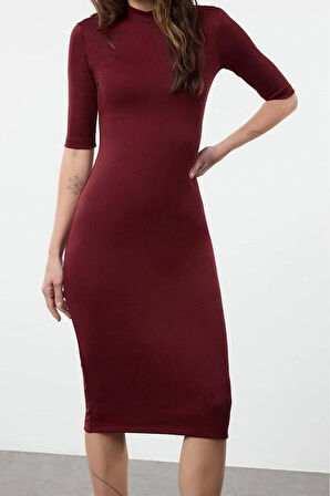 Moda Stil Slim Dik Yaka Midi Boy Bodycone Vücuda Oturan Truvakar Kol Örme Elbise