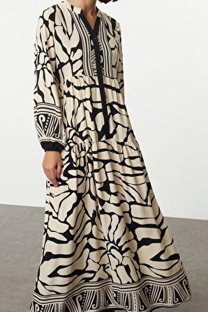 Moda Stil Relaxed Hakim Yaka Maxi Boy Tesettür Çiçekli Viskon Dokuma Elbise