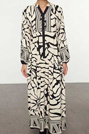 Moda Stil Relaxed Hakim Yaka Maxi Boy Tesettür Çiçekli Viskon Dokuma Elbise