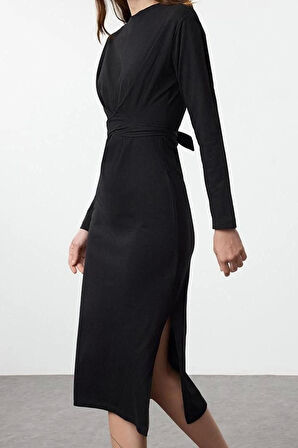 Moda Stil Slim Bisiklet Yaka Midi Boy %100 Pamuk Bağlama Detaylı Vücuda Oturan Örme Elbise