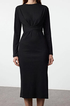 Moda Stil Slim Bisiklet Yaka Midi Boy %100 Pamuk Bağlama Detaylı Vücuda Oturan Örme Elbise