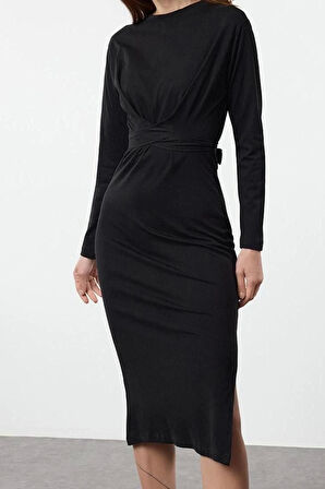 Moda Stil Slim Bisiklet Yaka Midi Boy %100 Pamuk Bağlama Detaylı Vücuda Oturan Örme Elbise