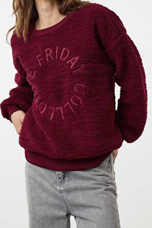 Tarz Bol Bisiklet Yaka Düşük Kol Uzun Peluş Nakışlı Overize Geniş Kalıp Kalın Örme Sweatshirt