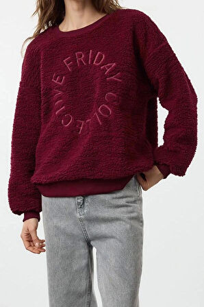 Tarz Bol Bisiklet Yaka Düşük Kol Uzun Peluş Nakışlı Overize Geniş Kalıp Kalın Örme Sweatshirt