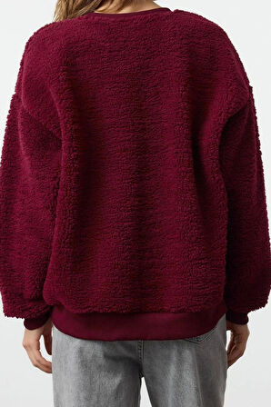 Tarz Bol Bisiklet Yaka Düşük Kol Uzun Peluş Nakışlı Overize Geniş Kalıp Kalın Örme Sweatshirt