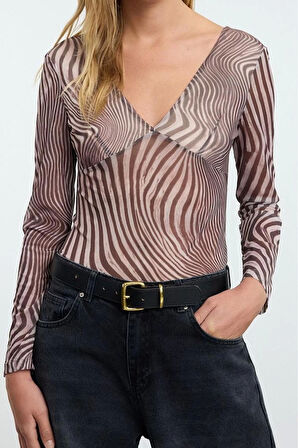 Stil Kadın Leopar Baskılı Tül Fitted Vücuda Oturan Esnek Bluz Regular Örme Slim Kalıp