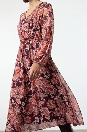 Moda Stil Relaxed Kruvaze Midi Boy Çiçekli Yaka A Kesim Şifon Astarlı Dokuma Elbise