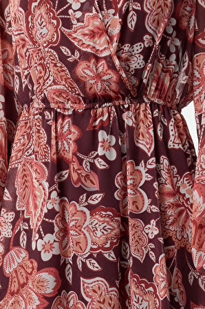 Moda Stil Relaxed Kruvaze Midi Boy Çiçekli Yaka A Kesim Şifon Astarlı Dokuma Elbise