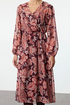 Moda Stil Relaxed Kruvaze Midi Boy Çiçekli Yaka A Kesim Şifon Astarlı Dokuma Elbise