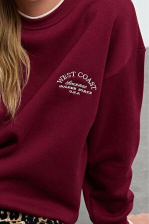 Tarz Bol Bisiklet Yaka Düşük Kol Uzun Slogan Nakışlı Kalıp Kalın İçi Polarlı Örme Sweatshirt