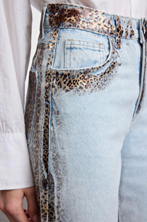 Stil Kadın Moda Denim Kot Pantolon Uzun Geniş Paça Leopar Baskılı Yüksek Bel Jeans