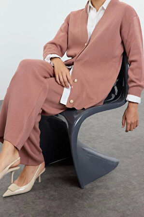 Tarz Kadın Modern Moda Normal Bel Boru Paça V Yaka İnci Düğmeli Hırka-Pantolon Triko Alt-Üst Takım