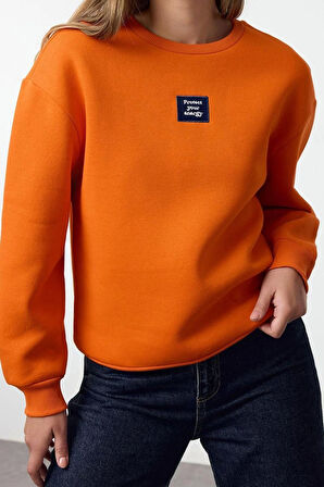 Bisiklet Yaka Düşük Kol Uzun Reaxed Rahat kalıp Slogan Baskılı Kalın Polarlı Örme Sweatshirt