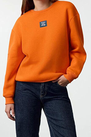 Bisiklet Yaka Düşük Kol Uzun Reaxed Rahat kalıp Slogan Baskılı Kalın Polarlı Örme Sweatshirt