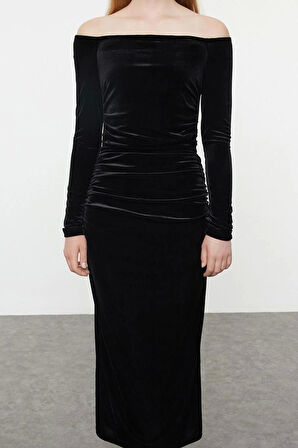 Moda Stil Fitted Carmen Yaka Midi Boy Vücuda Oturan Örme Kadife Elbise