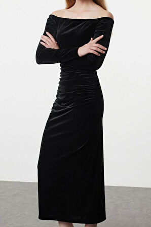 Moda Stil Fitted Carmen Yaka Midi Boy Vücuda Oturan Örme Kadife Elbise