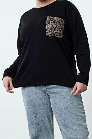 Büyük Beden Bisiklet Yaka Standart Kol Leopar Desen Cep Baskı Detaylı Fit Sweatshirt