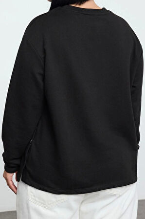 Büyük Beden Bisiklet Yaka Standart Kol Çıtçıt Detaylı Normal Kalıp Örme Sweatshirt