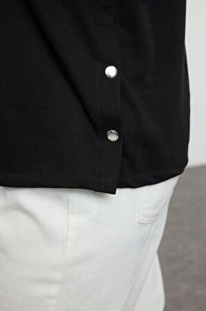 Büyük Beden Bisiklet Yaka Standart Kol Çıtçıt Detaylı Normal Kalıp Örme Sweatshirt