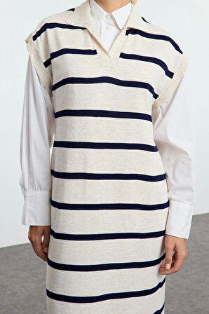 Stil Modern Kadın Uzun Standart Kol Polo Yaka Tesettür Çizgili Triko Süveter