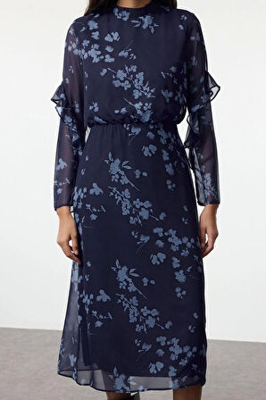 Moda Stil Regular Dik Yaka Midi Boy Çiçekli A Kesim Dokuma Kışlık Elbise