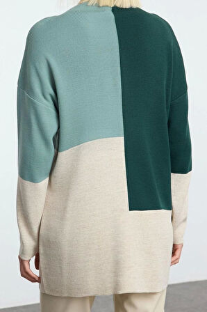 Kadın Modern Tarz Rahat Uzun Dik Yaka Renk Bloklu Kol Regular Triko Kazak