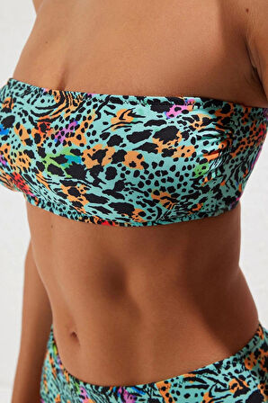 Moda Leopar Atma Kap Straplez Yüksek Bel Hipster Yeşil Straplez Yüksek Bel Hipster Bikini Takımı