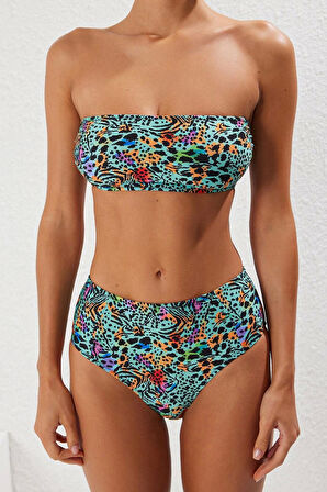 Moda Leopar Atma Kap Straplez Yüksek Bel Hipster Yeşil Straplez Yüksek Bel Hipster Bikini Takımı