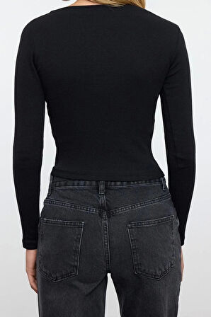 Stil Kadın Fitted Vücuda Oturan Fitilli Esnek Bluz Regular Örme Slim Kalıp Düşük Kol