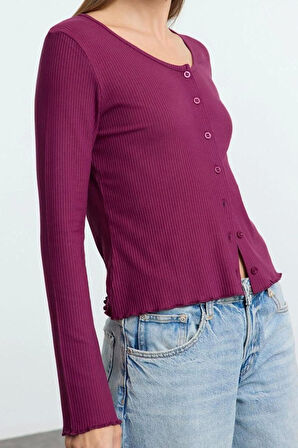Stil Kadın Vücuda Oturan Düğmeli Kollu Fitilli Esnek Bluz Regular Örme Slim Fit Kalıp