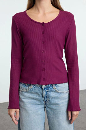 Stil Kadın Vücuda Oturan Düğmeli Kollu Fitilli Esnek Bluz Regular Örme Slim Fit Kalıp