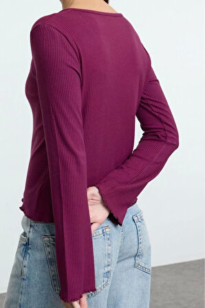 Stil Kadın Vücuda Oturan Düğmeli Kollu Fitilli Esnek Bluz Regular Örme Slim Fit Kalıp