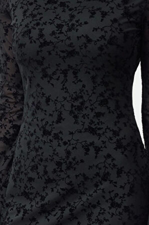 Moda Stil Slim Kayık Yaka Mini Boy Flok Baskılı Vücuda Oturan Örme Elbise