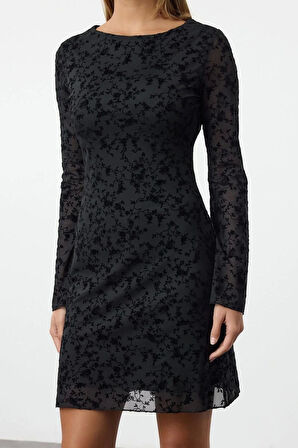 Moda Stil Slim Kayık Yaka Mini Boy Flok Baskılı Vücuda Oturan Örme Elbise