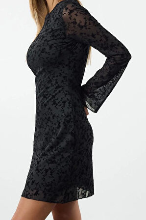 Moda Stil Slim Kayık Yaka Mini Boy Flok Baskılı Vücuda Oturan Örme Elbise