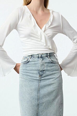 Stil Kadın Anvelop Triko Görünümlü Normal Kalıp Bluz Regular Örme Regular Kalıp İspanyol Kol