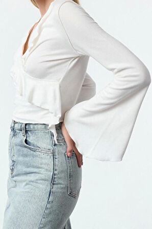 Stil Kadın Anvelop Triko Görünümlü Normal Kalıp Bluz Regular Örme Regular Kalıp İspanyol Kol