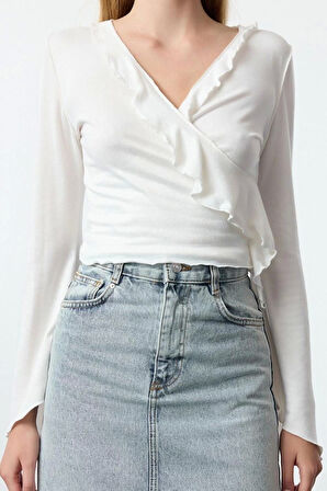 Stil Kadın Anvelop Triko Görünümlü Normal Kalıp Bluz Regular Örme Regular Kalıp İspanyol Kol