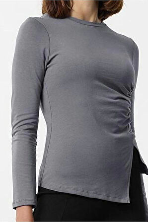 Stil Kadın Tek Yırtmaç Detaylı Büzgülü Bluz Regular Örme Slim Kalıp